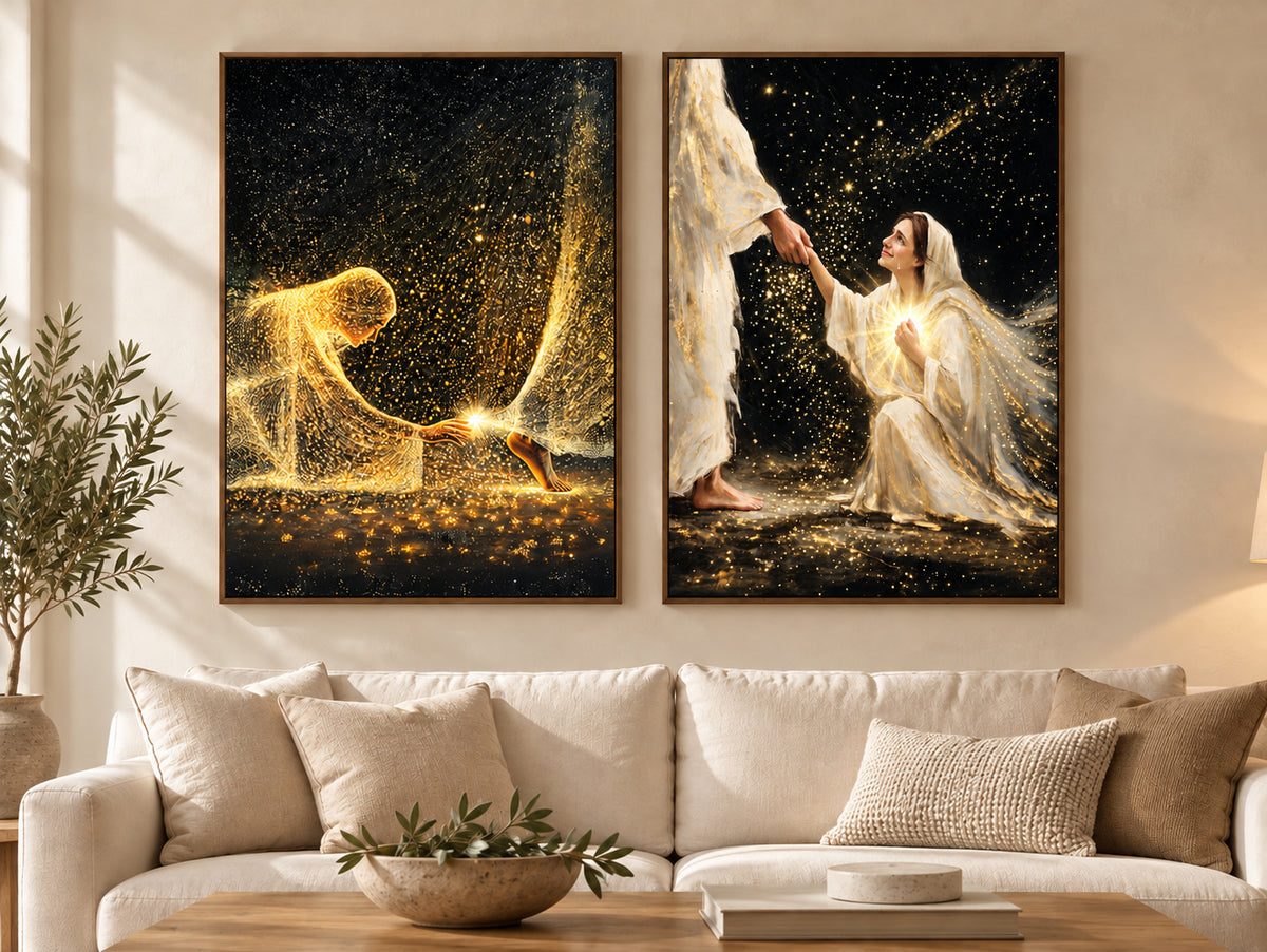 Companion canvas display: Faith in Him #2 on the left and Faith in Him #3 on the right, both vertical in a coordinated living room. Each artwork is sold separately.
